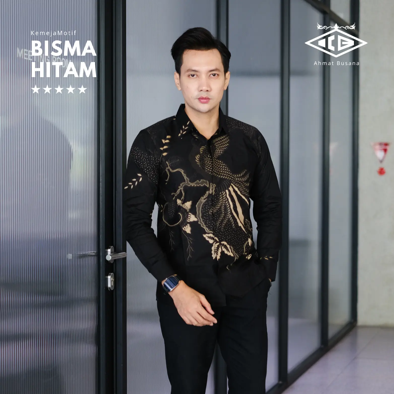 Batik Ahmat Busana Kemeja Pria Slimfit Motif Bisma Warna Hitam Gold Mewah Lengan Panjang Katun Halus Lapis Furing High Quality