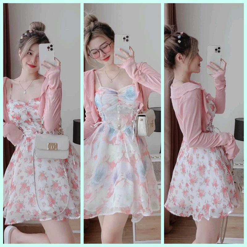 Set đầm voan hoa hai dây dáng ngắn mix áo khoác hồng 003 Women Dress