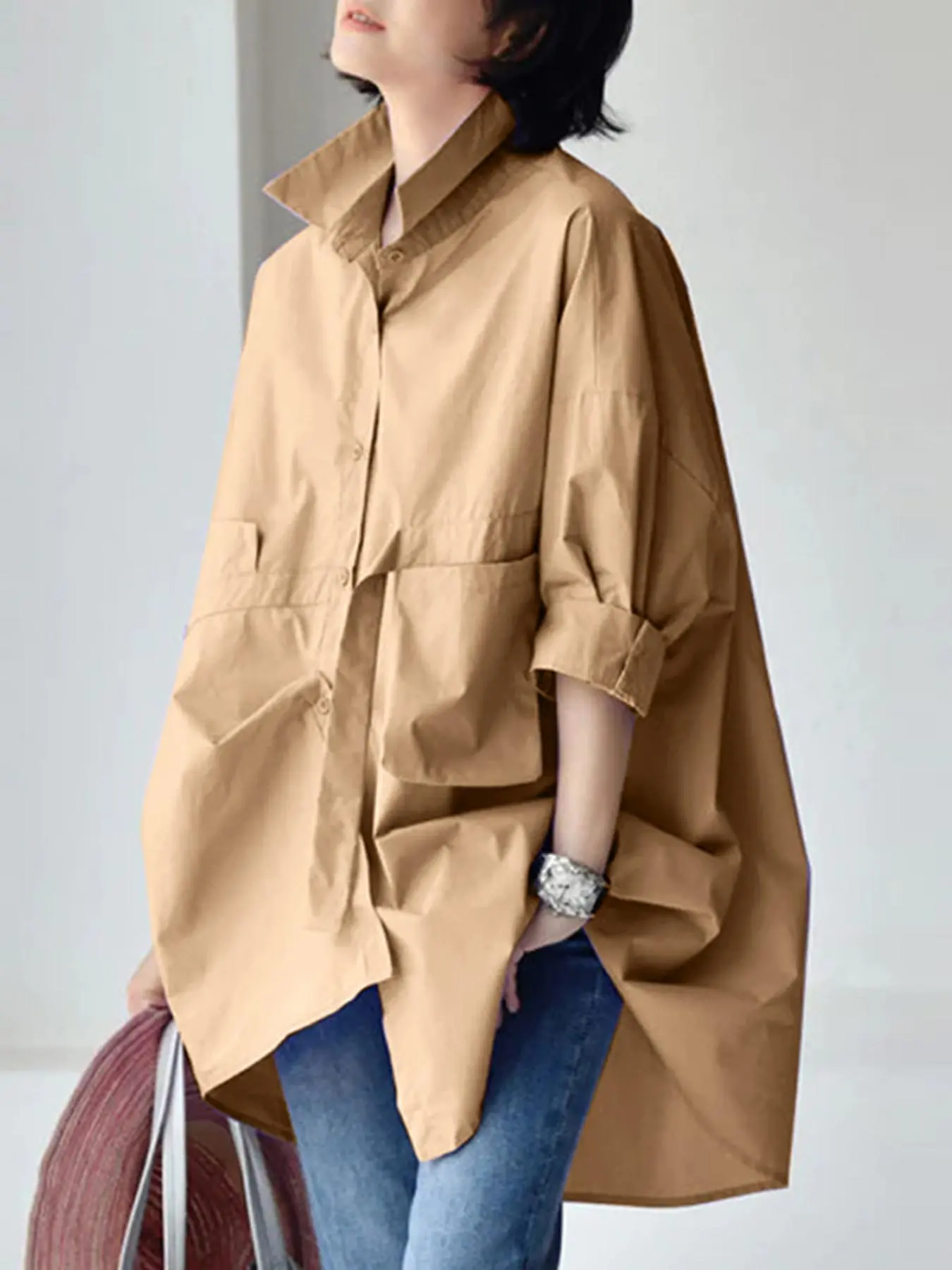 Women's Solid Button Front Pocket Shirt, Casual Drop Shoulder 3/4 Sleeve Collared Top for Spring & Fall, Women's Clothing for Daily Wear