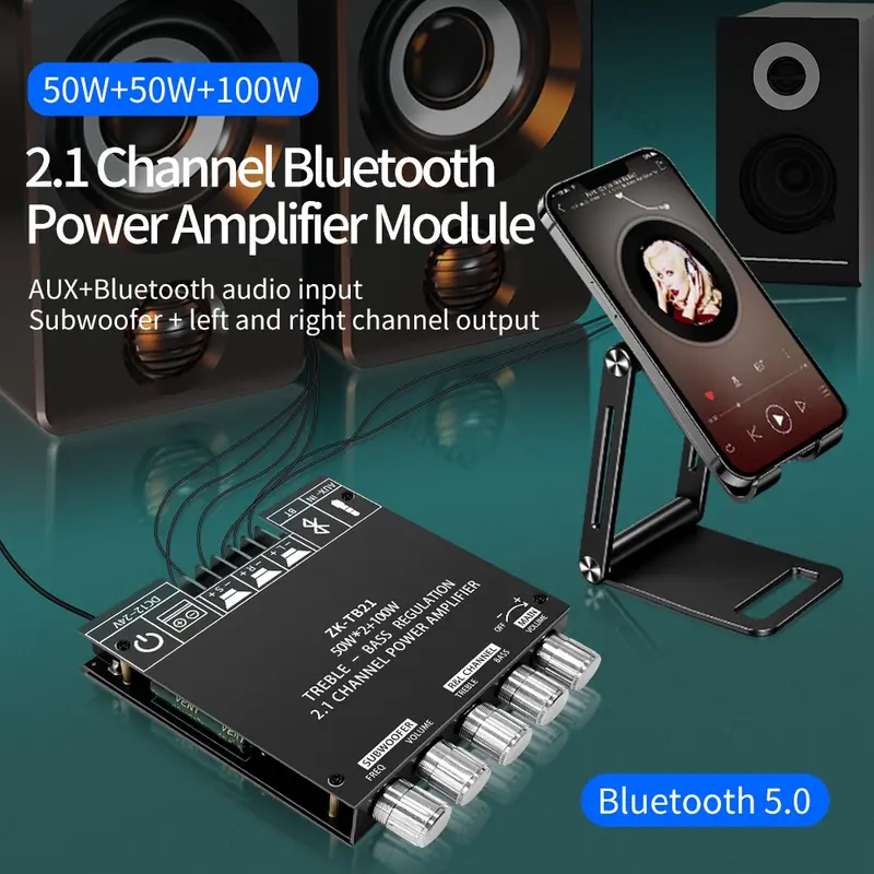 ZK-Mt21 Modul Power Amplifier Audio 2.1 Channel Bt Aux Digit High Power ZK-MT21 Sound Amp 2x50W+100W TPA3116D2 Bluetooth Amplifier Class D 2.1CH Subwoofer 4