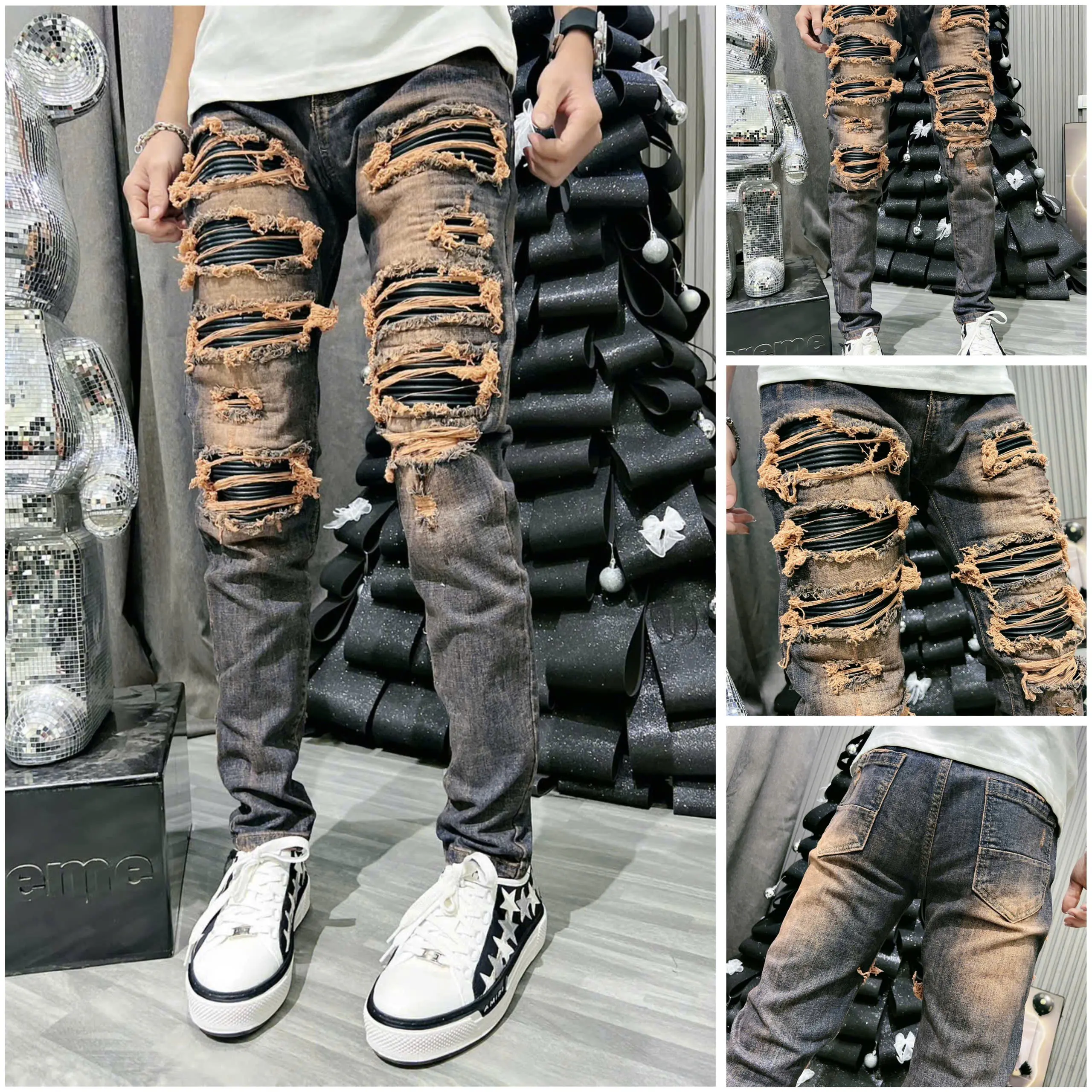 Quần dài nam 9(có size to 34-35) xanh bẩn vá da đen TA23