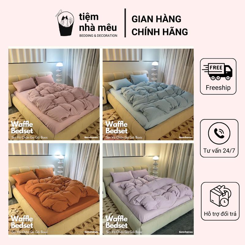 Bộ Vỏ Chăn Ga Gối Đũi Waffle Đơn Sắc Dệt Ô Vuông hiện đại - Màu sắc Sang Xịn