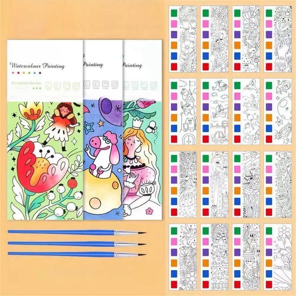 Watercolor Coloring Book, 3 Counts Students Coloring and Drawing Book with Brush, Art Supplies