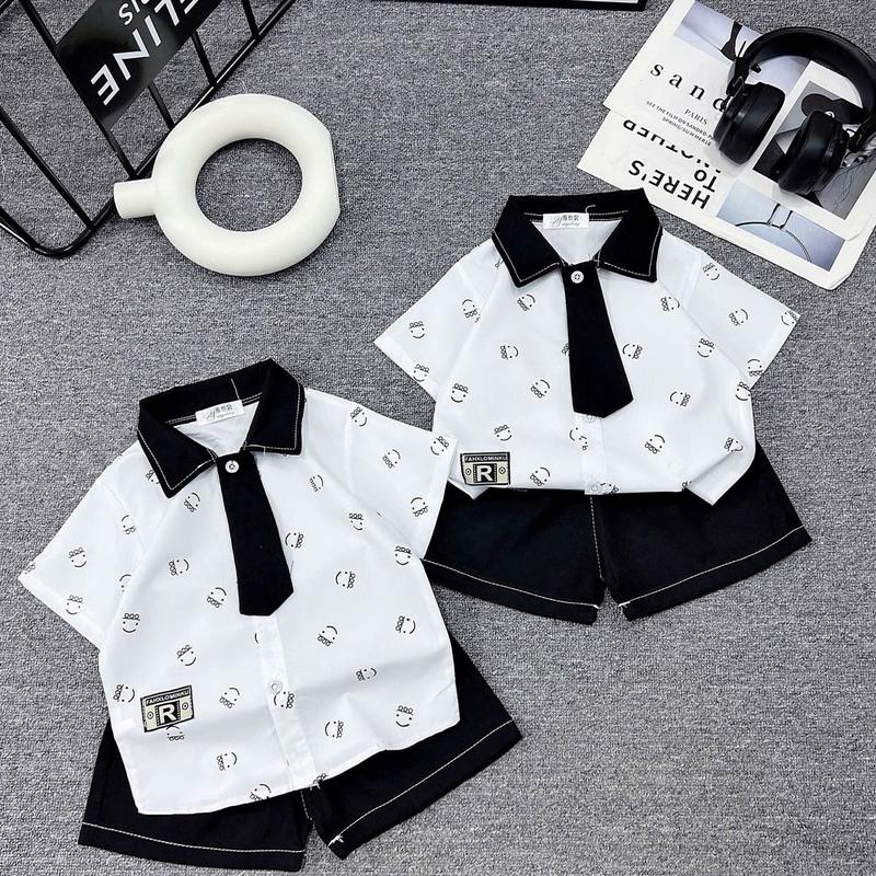 [kho sỉ mẹ gạo] 8-30kg. Bộ sơ mi mặt cười Mùa Hè có cà vạt cho bé trai. Phong cách dễ thường, hàn quốc cho bé.