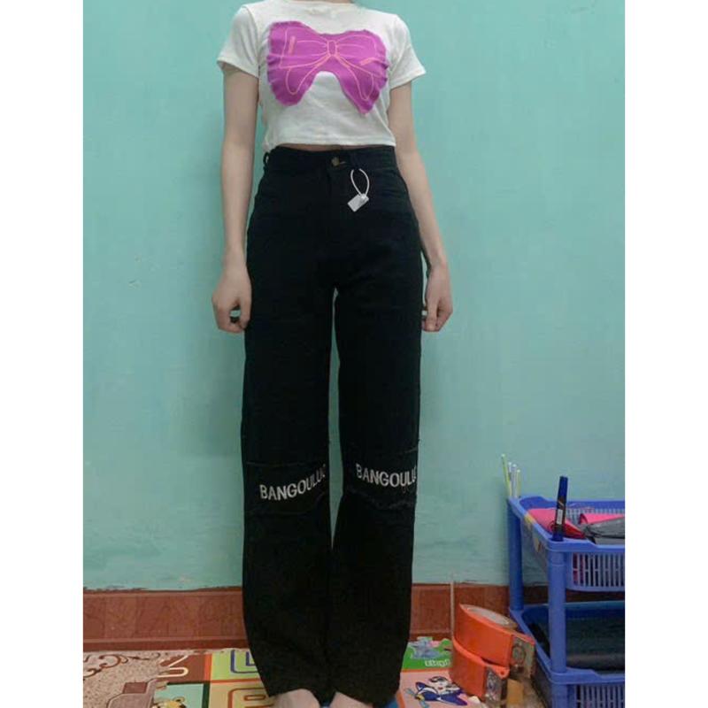 Quần bò jeans ống suông thêu Chữ Gối phối dây tua, quần jeans ống rộng mặc đôi nam nữ [màu đen] 4