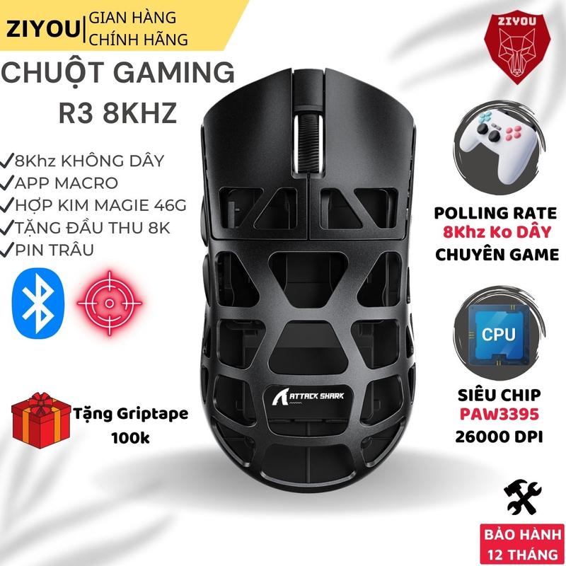 Chuột Máy Tính Bluetooth Không Dây Ziyou Attack Shark R3 Chip PAW3395, 8K Polling Rate Có App Macro