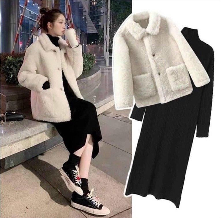  Sét áo khoác lông cổ bẻ túi trước và váy len dáng dài 