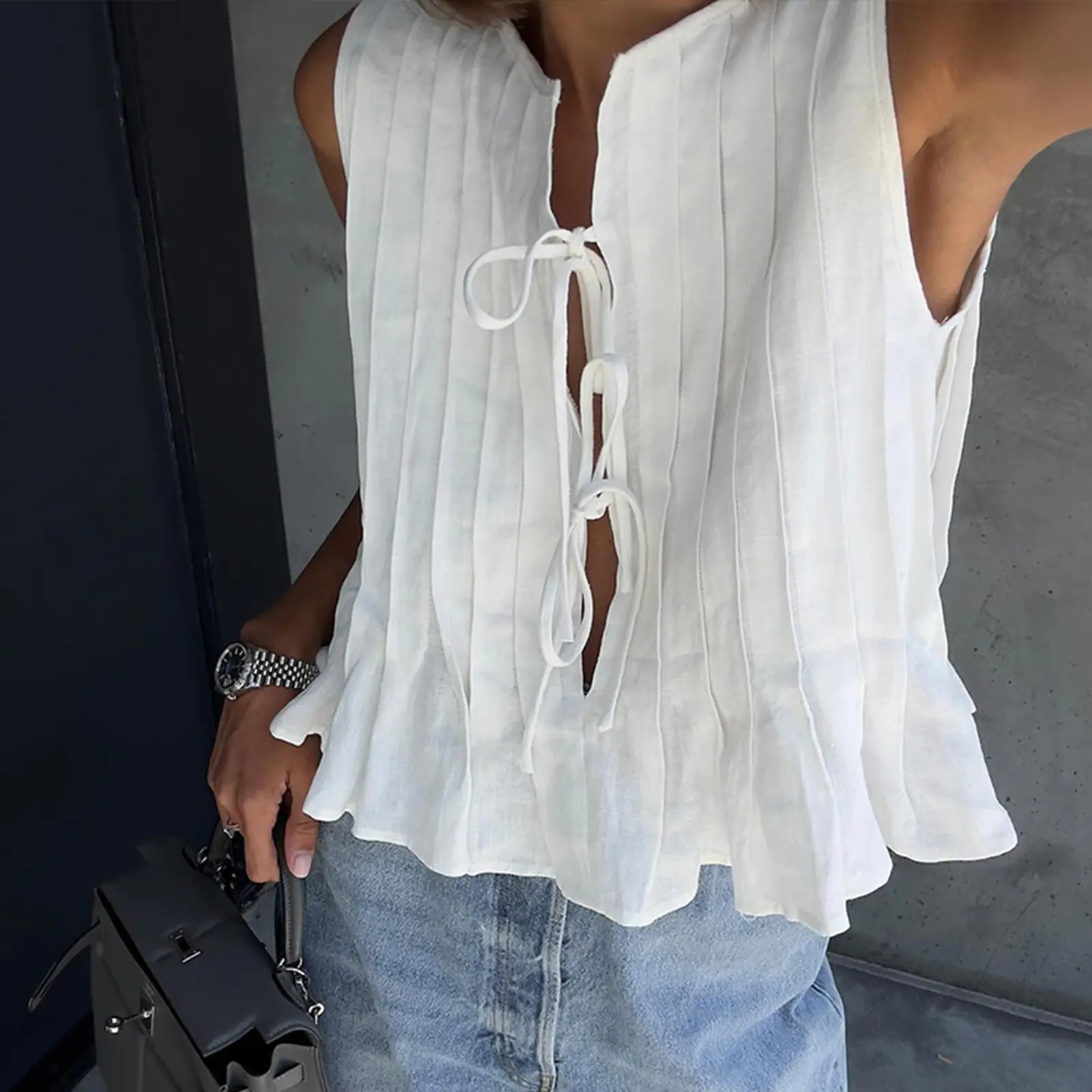 Women's Tie Front Tank Tops Solid Color Sleeveless O Neck Summer Pleated Peplum Tops