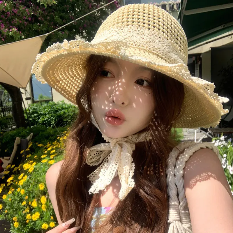【MIAN】Mũ Cói Đi Biển Rộng Vành Phối Ren Xinh Xắn Cho Nữ Gấp Gọn Tiện Lợi Không Bị Mất Form 2