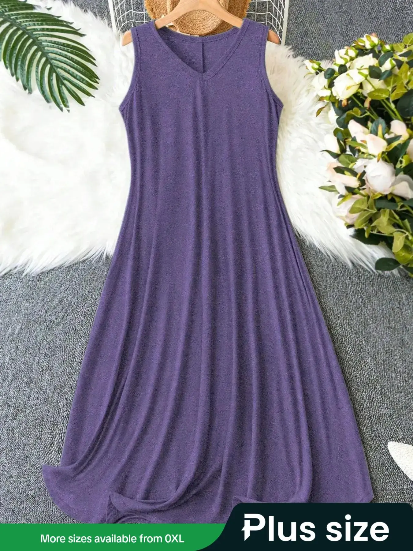 【Plus Size】 Solid V Neck Tank Dress, Casual Sleeveless Long Dress for Summer, Women's Plus Clothing for Daily Wear