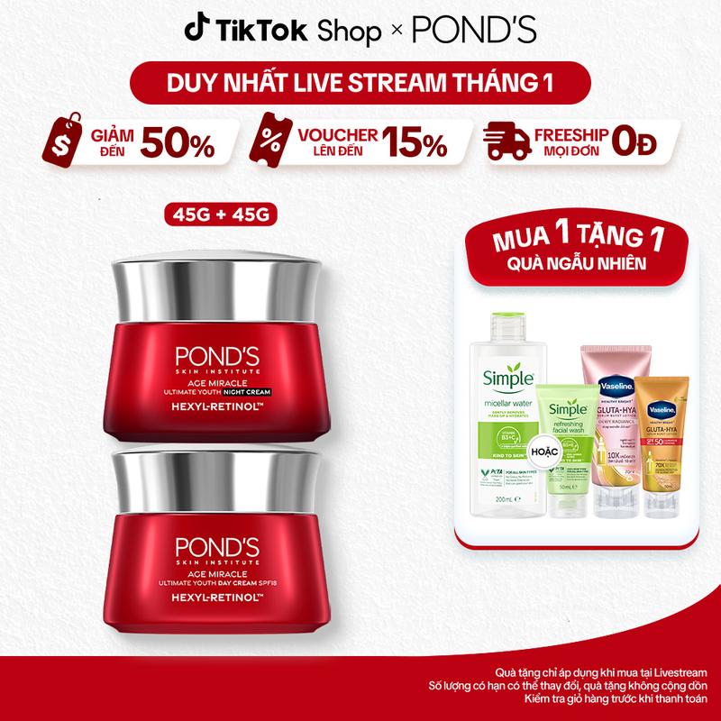 1 Bộ Skincare 2 Kem Dưỡng Ngày & Đêm Pond's Age Miracle Với 50X Hexyl-Retinol Hỗ Trợ Chăm Sóc Da Giảm Vấn Đề Về Đốm Nâu Và Nếp Nhăn 45Gx2 Nữ
