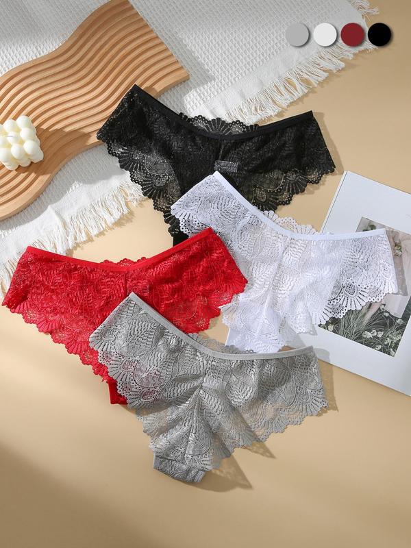 Women's 4pcs Scallop Trim Lace Panties, Solid Color Low Rise Comfort Knickers, Ladies Briefs, Women's Lingerie & Underwear 3