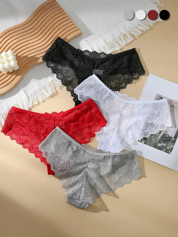 Women's 4pcs Scallop Trim Lace Panties, Solid Color Low Rise Comfort Knickers, Ladies Briefs, Women's Lingerie & Underwear 3