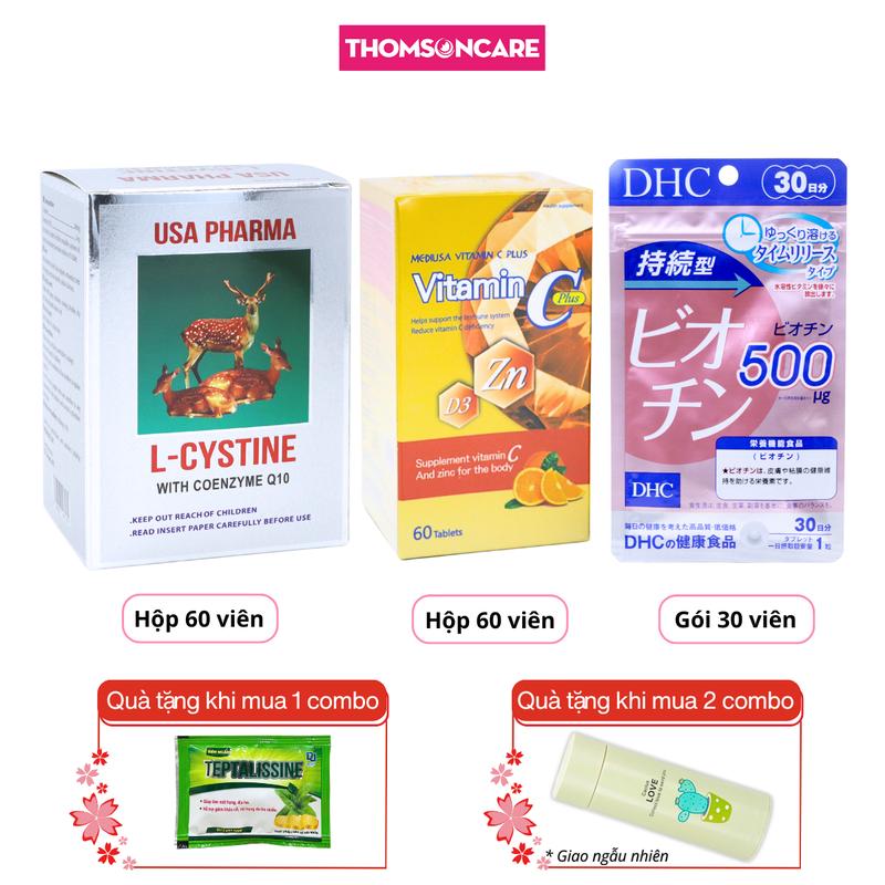 Viên uống L Cystine 60 viên Biotin DHC 30 viên và Vitamin C Plus MEDIUSA 60 viên combo cho người da ngăm da sạm người tóc gãy rụng nhiều Mua 1 combo tặng 1 gói kẹo ngậm ho mua từ 2 combo tặng 1 bình nước