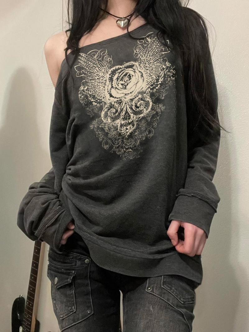 Product Introduction of Women's Floral Print Asymmetrical Neck Pullover Sweatshirt, Vintage Casual Raglan Sleeve Top for Fall & Winter, Women's Clothes for Daily Wear 9