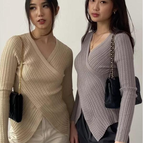 Eliza Knit Sweater Wanita V-neck Gaya Korea All-Match Pakaian Wanita Knit Baju Panjang 3