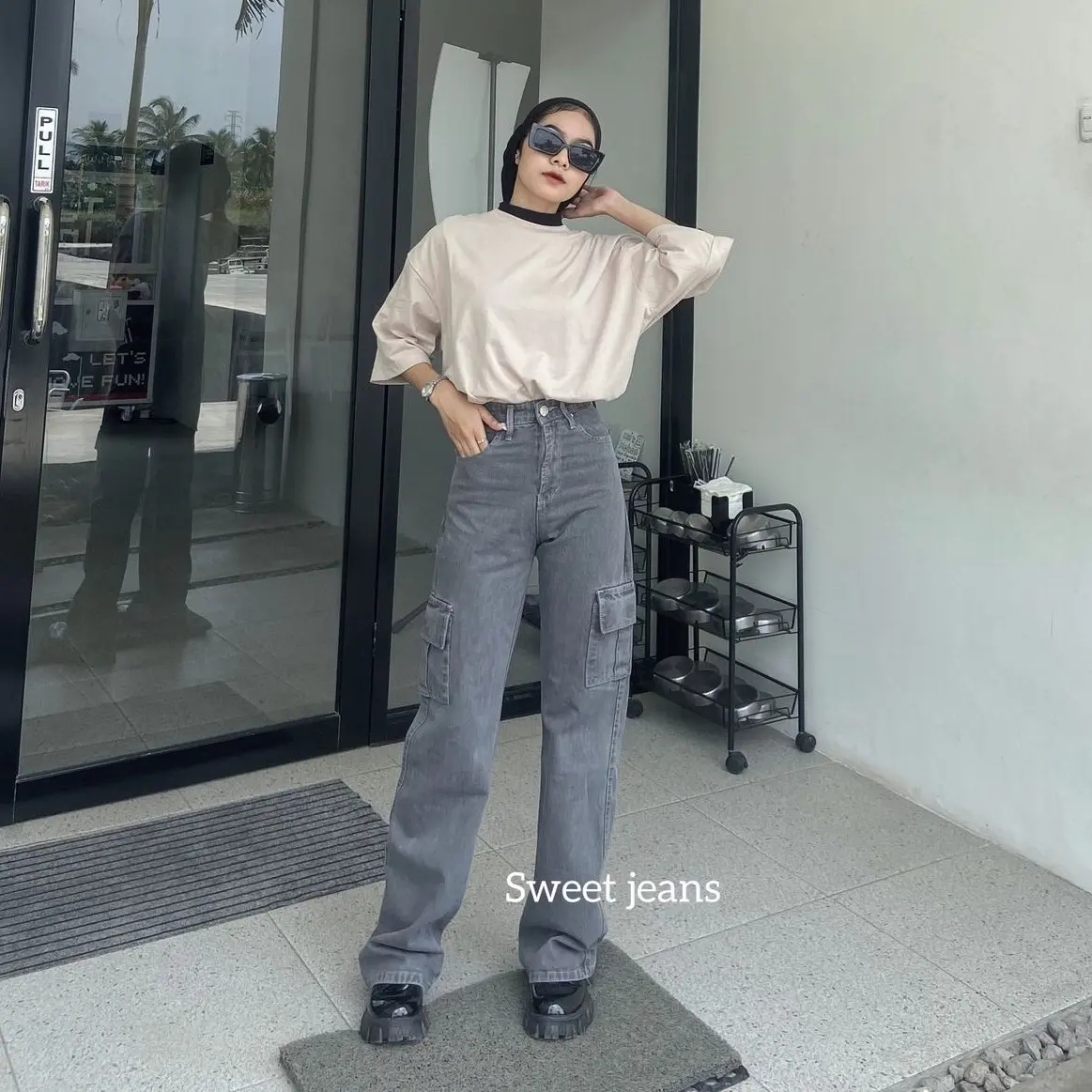 SWEETJEANS- Cargo Jeans Highwaist Wanita  Basic Overlong Kekinian Celana Panjang Abu-Abu
