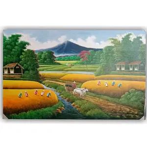 Lukisan Kanvas Pemandangan Panen Raya. Lukisan Asli Bali, Lukisan Buatan Tangan.