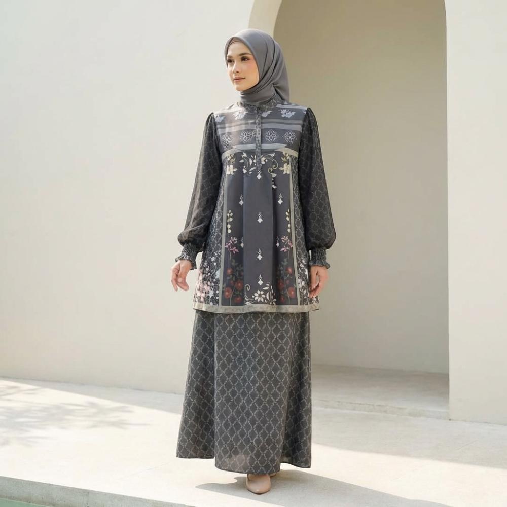 CHICMORE Setelan dua potong atasan dan rok bawah gaya baru dengan motif cetak