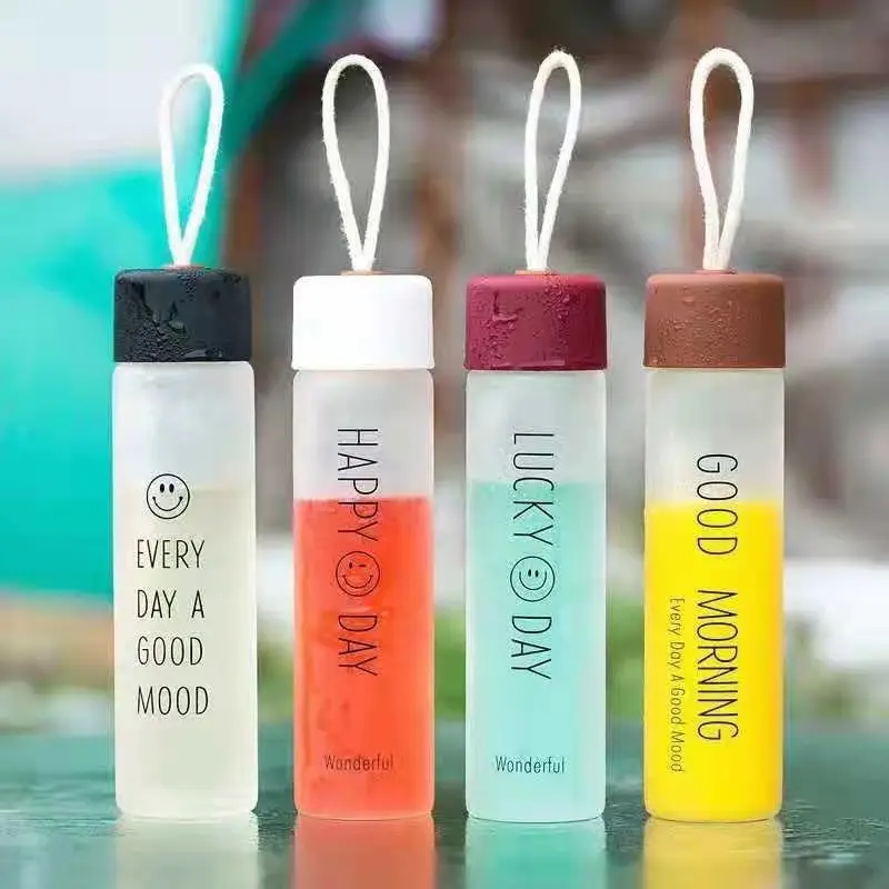 JHS New Creative Frosted Glass Bottle Tumbler 400ml Portable Bottle Thick Water Cup Happy Day