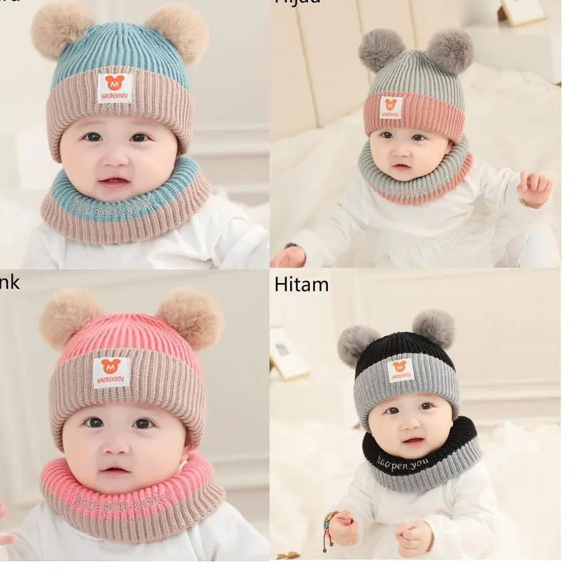 Kupluk Bayi Hopeoyou Model Dua Warna Rajut dengan Hiasan Pom Pom untuk Perempuan dan Laki-Laki 6