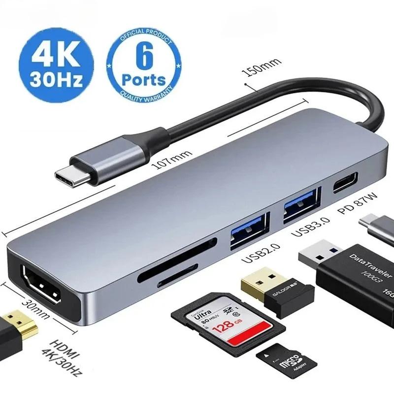  Bộ chia USB C 6 cổng Tương thích 4K HDMI Đầu đọc thẻ SD và TF HUB USB 3.0 và 2.0 Type C PD Sạc nhanh Tương thích với MacBook Máy tính bảng Điện thoại Laptop 