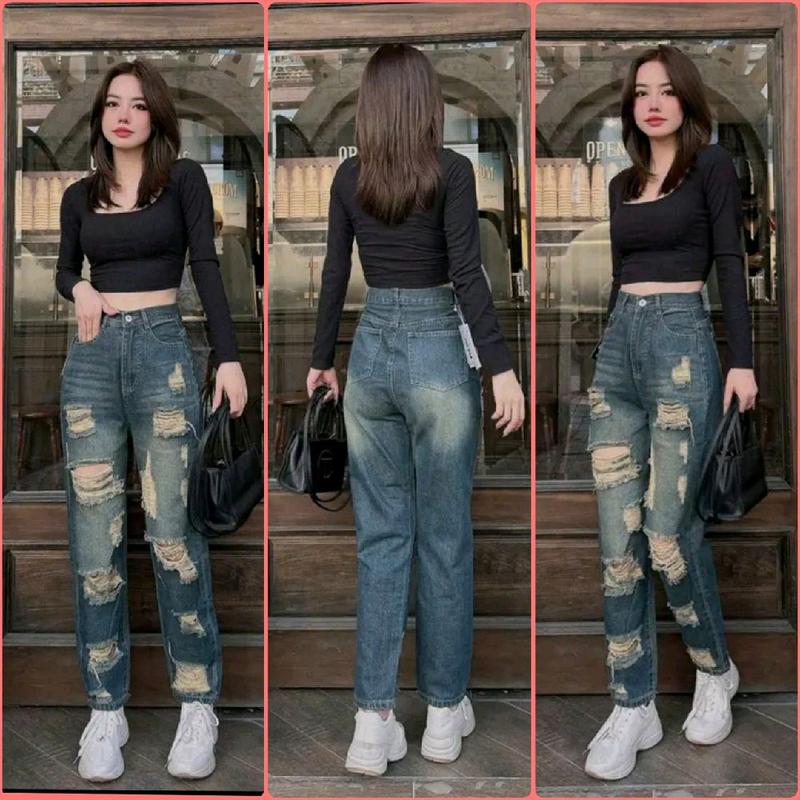   S-XL 95cm  quần baggy jeans nữ lưng cao rách tả tơi chất jean QC mềm không co dãn tông màu rêu bụi wash retro style women pants quần jean bụi 3400 