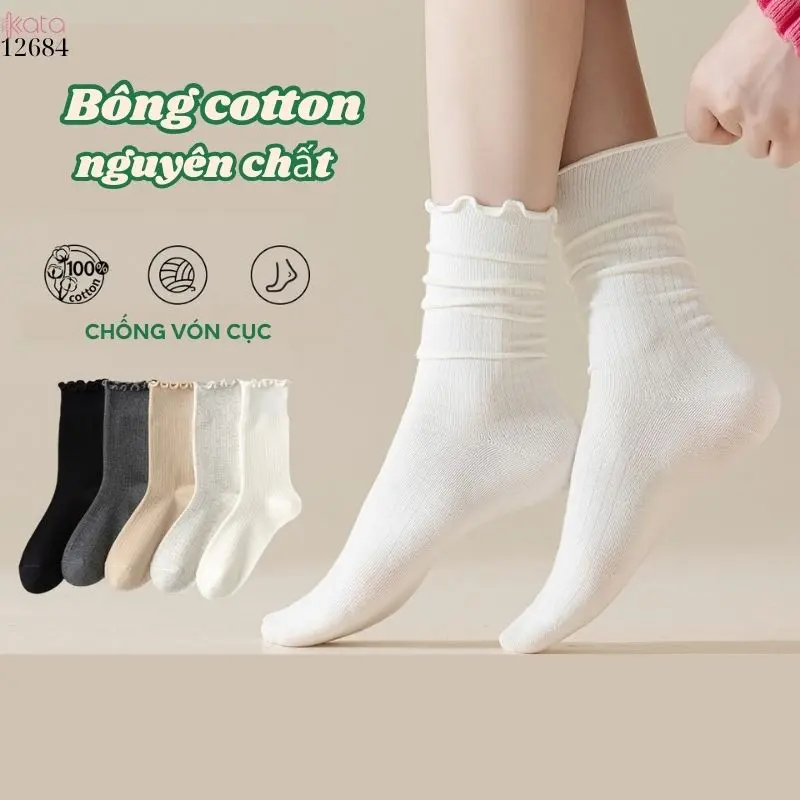 Tất retro viền ren 100% cotton thấm hút mồ hôi tốt,tất mỏng thu đông 12684 2