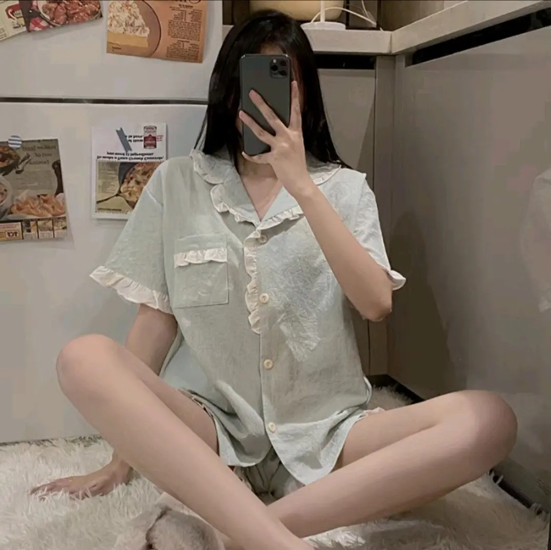 Bộ Ngủ Hè Nữ Ngắn Tay Cổ Viền Có Túi Dễ Thương Voi