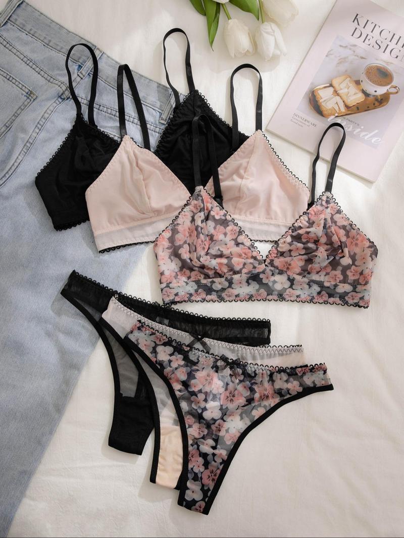 Product Introduction of Women's 6pcs Floral Print Bra & Contrast Mesh Thong Set, Adjustable Strap Bow Decor Lingerie Set, Soft Comfy Underwear Set for Women 1