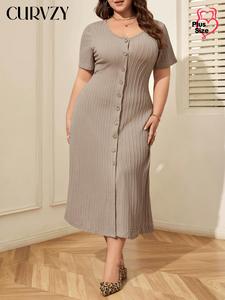 【Plus Size】CURVZY Solid Color Button Decor Dress, Casual Short Sleeve Dress for Spring & Fall, Women's Clothes for Daily Wear