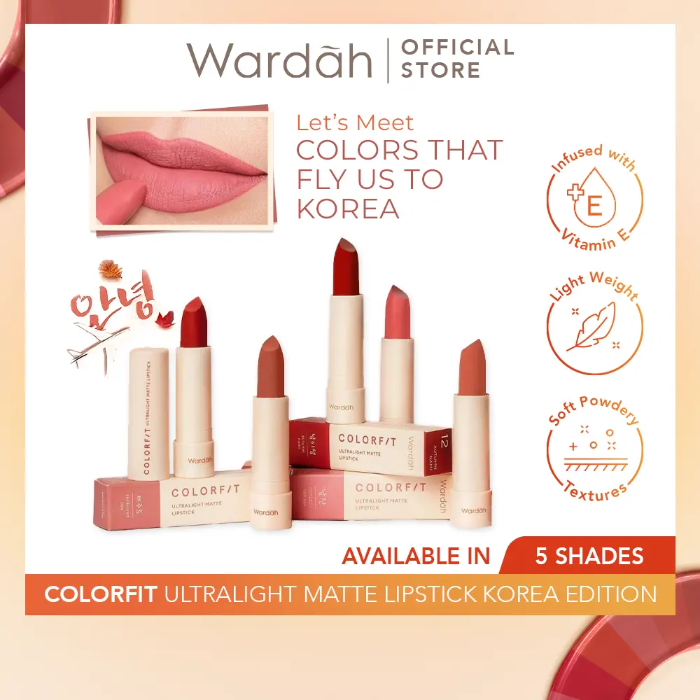 WARDAH Colorfit Ultralight Matte Lipstick - Korean Limited Edition - Lipstick Tahan Lama Hingga 8 Jam - Dilengkapi Vitamin E - Ringan dan Lembut di Bibir - Makeup