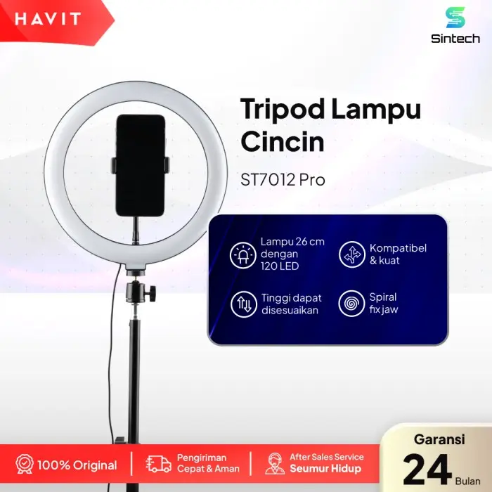 HAVIT Tripod Ring Light ST7012 PRO Hitam dengan 120 Lampu LED| Flexible and Stable Design Metal Ponsel Holder Ringlight