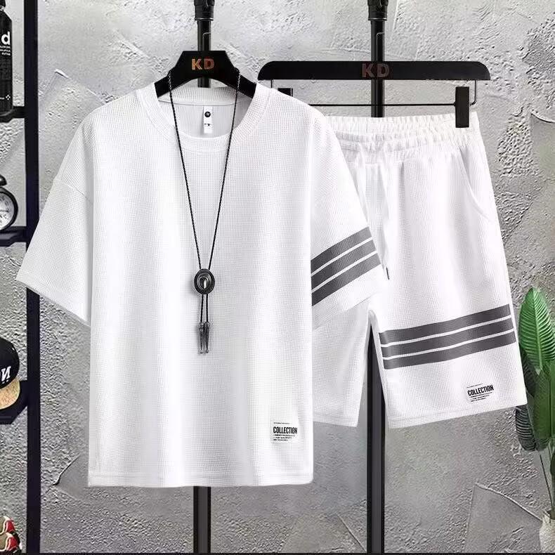 Product Introduction of Men's Summer Short Sleeve T-Shirt & Shorts Set - Casual Waffle Knit Outfit |   Trendy Sporty 2-Piece Lounge Wear |   Lightweight Comfort Clothes 2