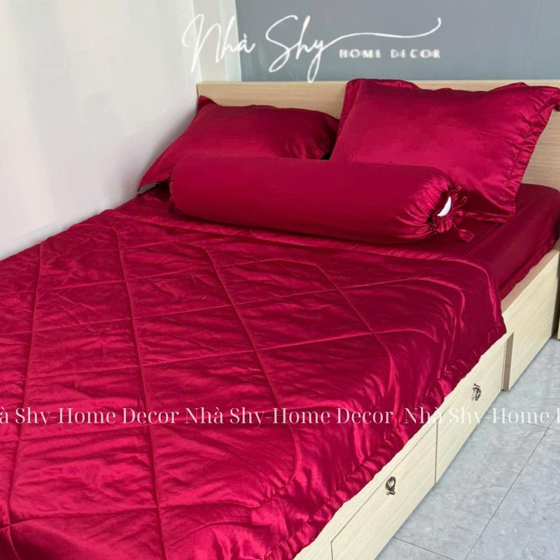 Bộ Chăn Gra Phi Lụa 5 Món Màu Đỏ Đô - Set 4 món không mền set 5 món có mền - Nhà Shy