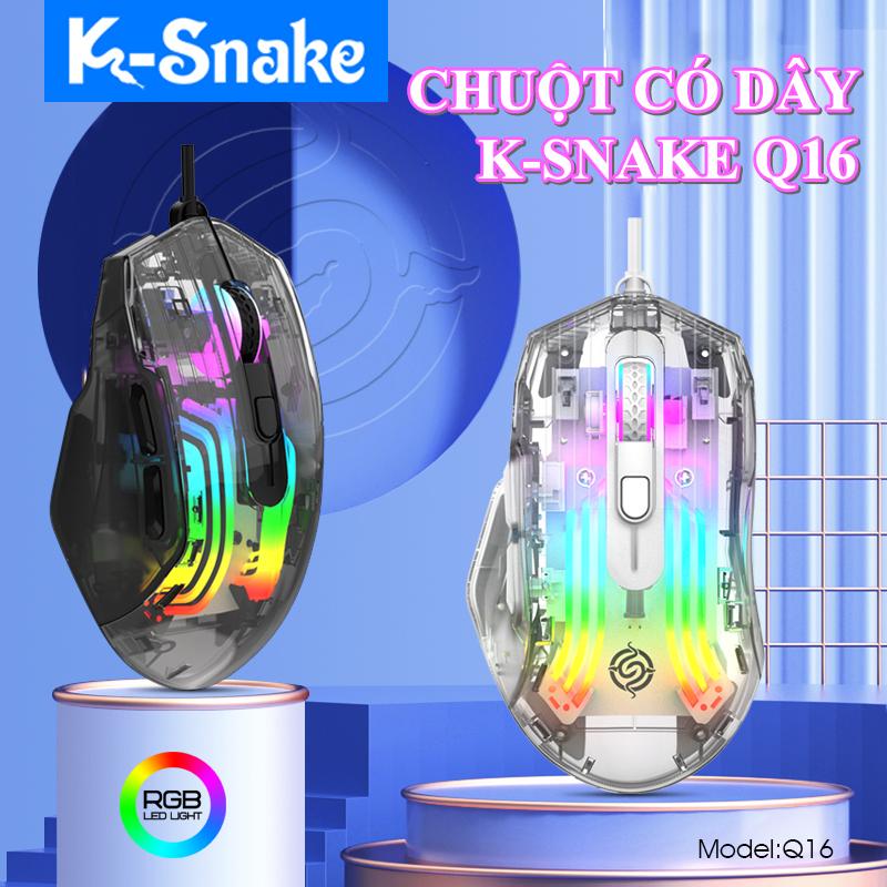 Chuột có dây chuyên game K-SNAKE Q16 thiết kế trong suốt độc lạ có đèn led RGB 16.8 triệu màu kèm theo 6 mức độ nhạy lên đến 7200DPI