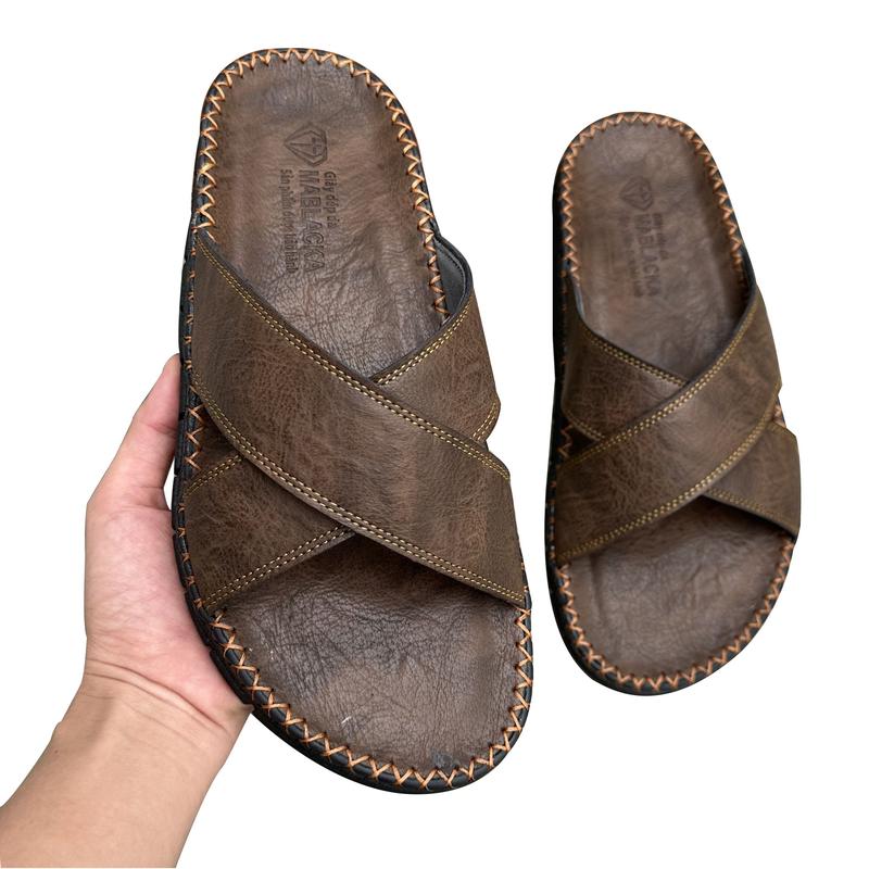 Dép da nam đẹp quai chéo đế đúc nguyên khối HF408 - Mũi tròn, dép chữ x DéP Đế Bằng nam dép  nam dep  xuhuong