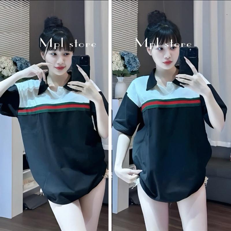 ( BST Hè ) Áo polo In họa tiết sọc ngang , Form rộng basic  nam  nữ , Size 39-75kg Women Top 1