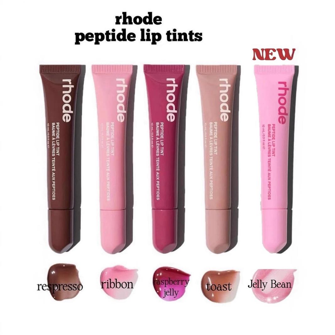 Rhode Glossy Lip Tint in Ribbon/Toast shades, moisturizing