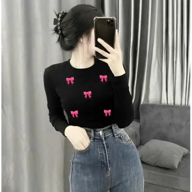 ÁO THUN TĂM TAY DÀI IN 5 cái nơ màu hồng xinh 4