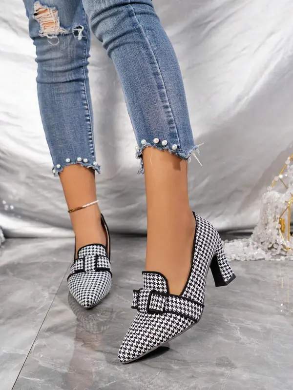 Women's Fashionable Houndstooth Pattern Ankle Strap High Heel Shoes, Casual Comfortable Pointed Toe Heels for Party, Daily Clothing Decor for Women & Girls, Stylish 2