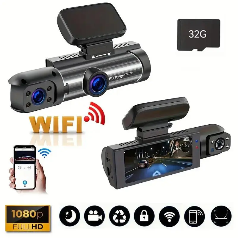 Car DVR, 1080P Dash Cam with 32GB SD Card, Super Night Vision Car DVR, Durable Loop Recording DVR, Car Electronics Accessories
