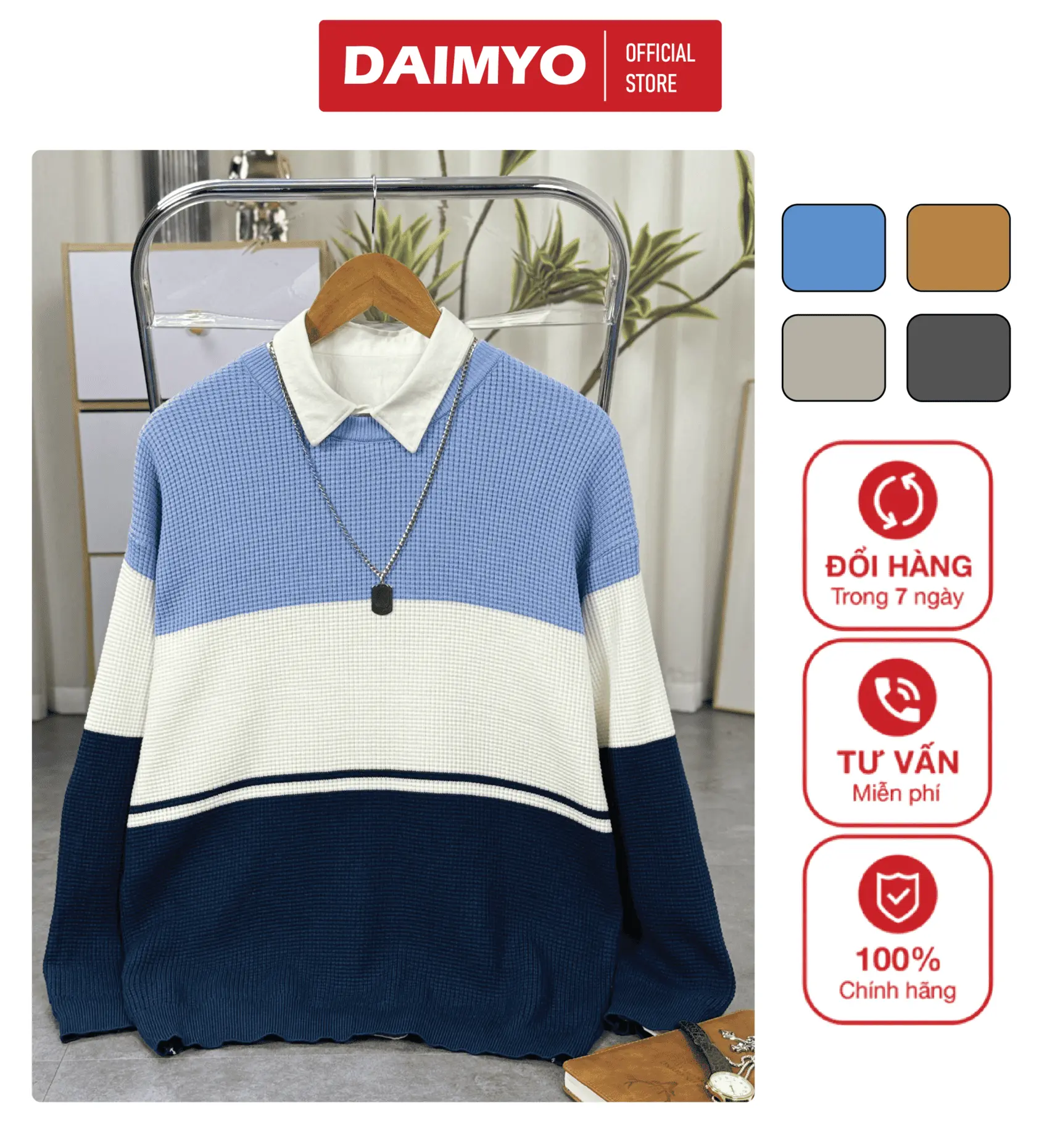 Áo Len Loang 2 Màu, Menswear, DAIMYO, Cổ Tròn, Họa Tiết Kẻ Ngang, Hack Dáng, Phong Cách Trẻ Trung, Năng Động, Phù Hợp Đi Chơi, Đi Làm, Mùa Đông Ấm Áp