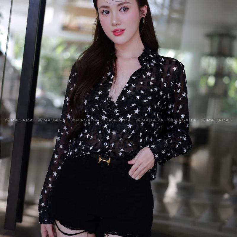  Áo Sơ Mi Nữ Dài Tay Tơ Hình Sao Đen Áo Sơ Mi Công Sở Nữ Hàng Thiết Kế Cao Cấp 