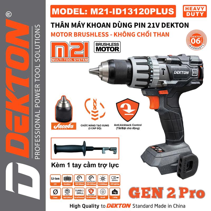 Khi Mua Máy Khoan 3 Chức Năng Dekton / M21-ID13120PLUS / Đầu Cặp 13mm / Lực Xoắn 120N.m / Anti KickBack Control / Chân Pin Makita / Bảng New 2024 / HỘP GIẤY