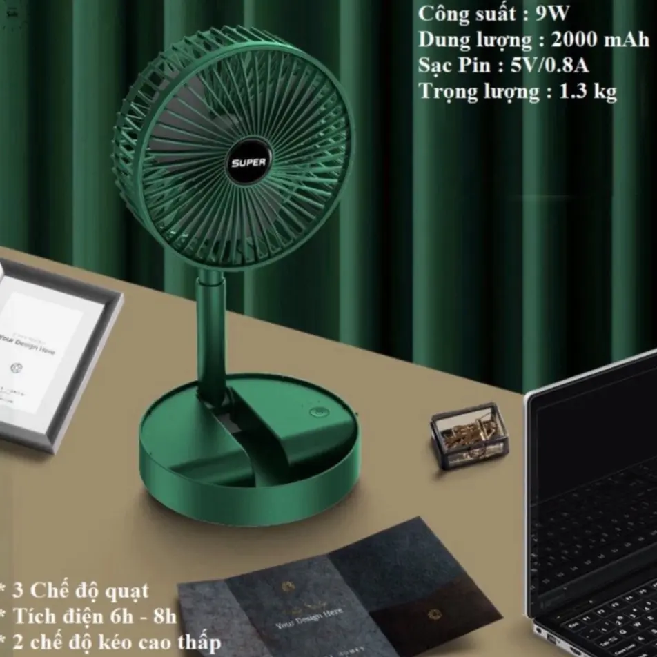 ￼Quạt tích điện Quạt Để Bàn Gấp Gọn Có Thể Điều Chỉnh Độ Cao , 3 Tốc Độ Gió, Cổng Sạc USB Xoay 180 Độ, Phụ kiện dây sạc đi kèm