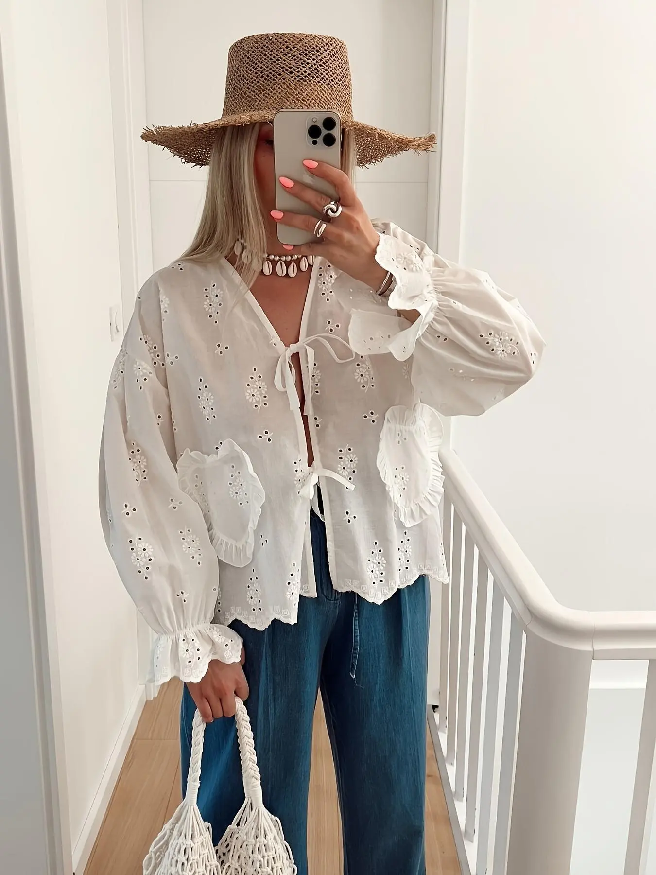 Women's Eyelet Embroidery Shirt, Casual Long Sleeve Top for Summer, Women's Clothing for Daily Wear, Blouse