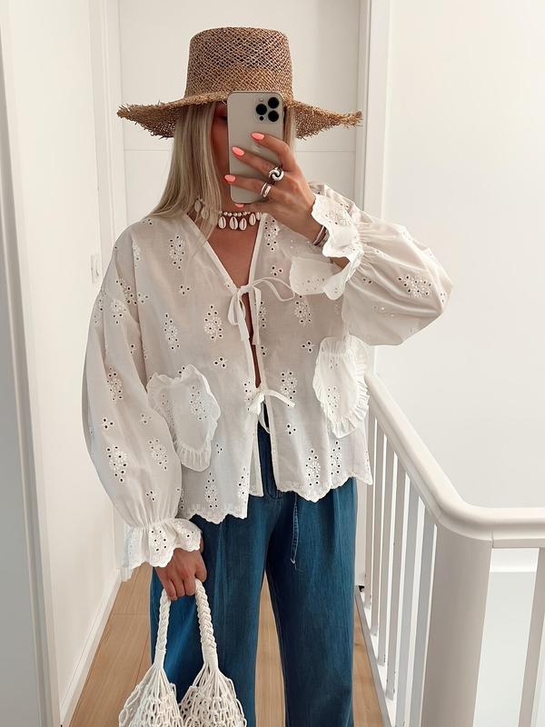 Women's Eyelet Embroidery Shirt, Casual Long Sleeve Top for Summer, Women's Clothing for Daily Wear, Blouse 0