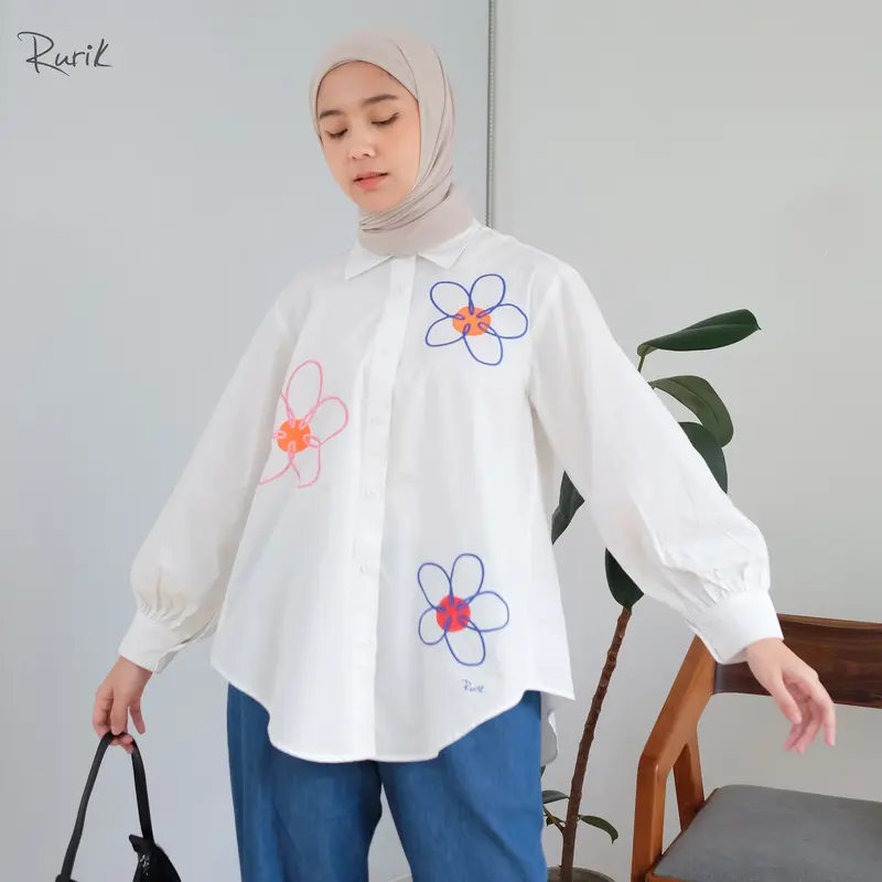 Rurik Flower Embroidery Shirt Kemeja Oversize  atasan  wanita Baju Muslim Nyaman Panjang Airflow 0