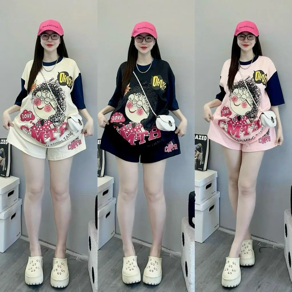Sét Bộ Đùi Nữ Chất Cotton Su From Rộng Tay Lỡ_Cô Gái Tóc Xù Women Áo